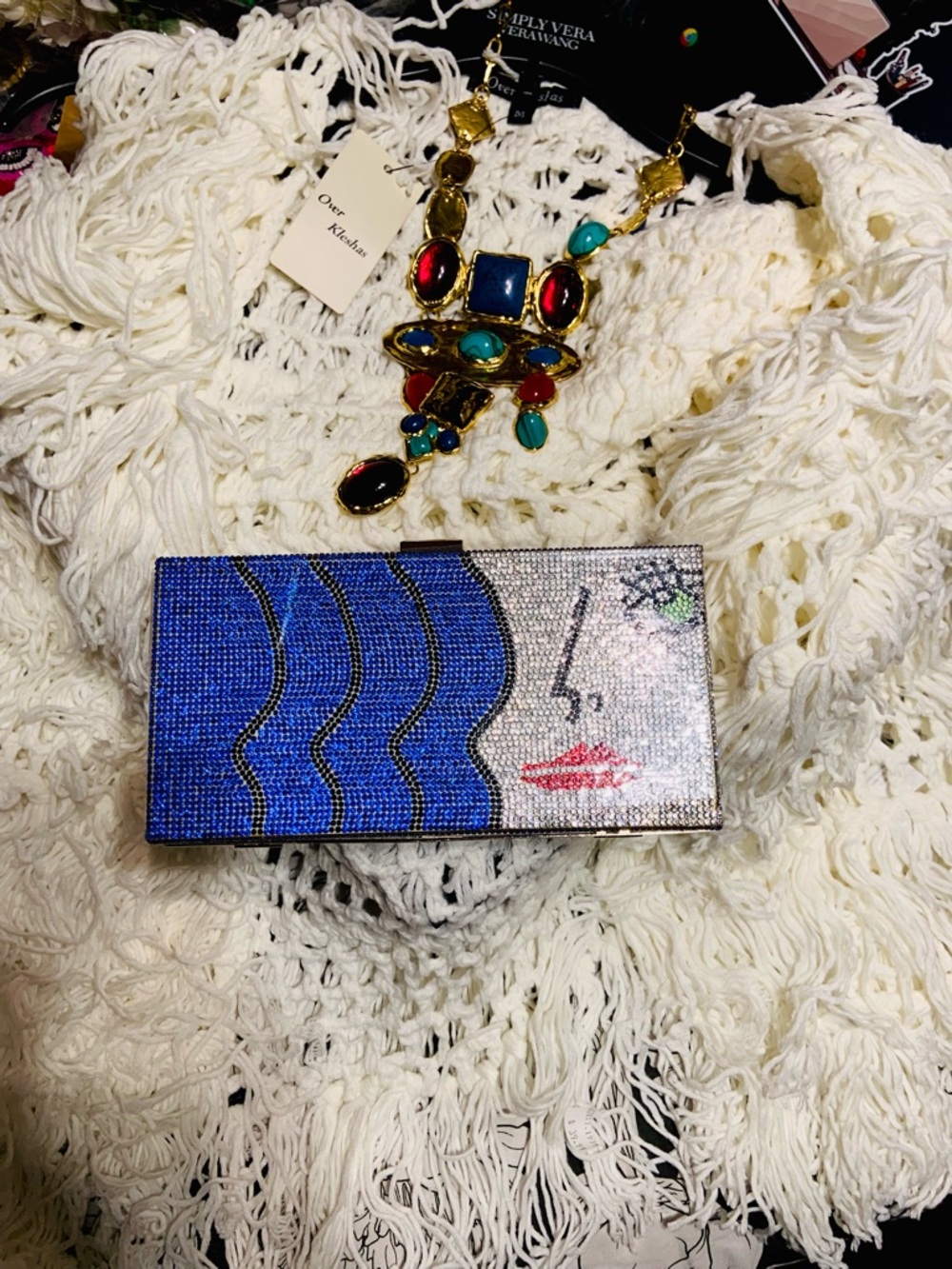 Colorful Rhinestone Face Clutch - Blue Wave Design